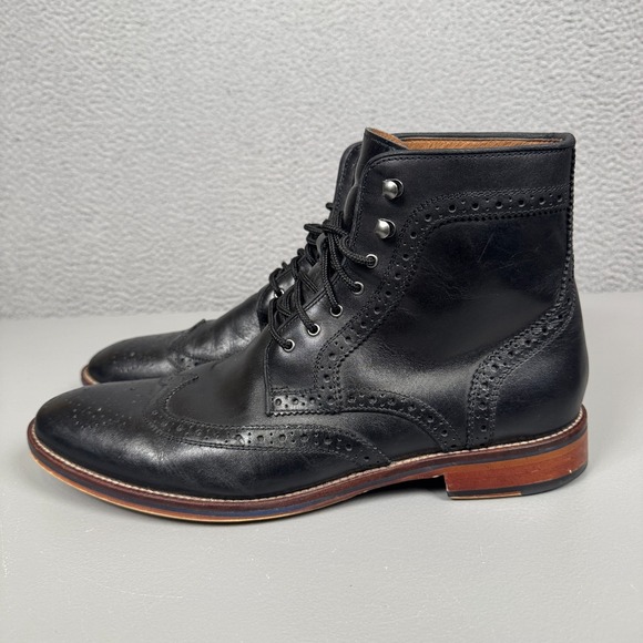 Johnston & Murphy Boots Mens 10.5M Black Wing Tip Brogue Cap Toe Leather Preppy - Picture 1 of 10